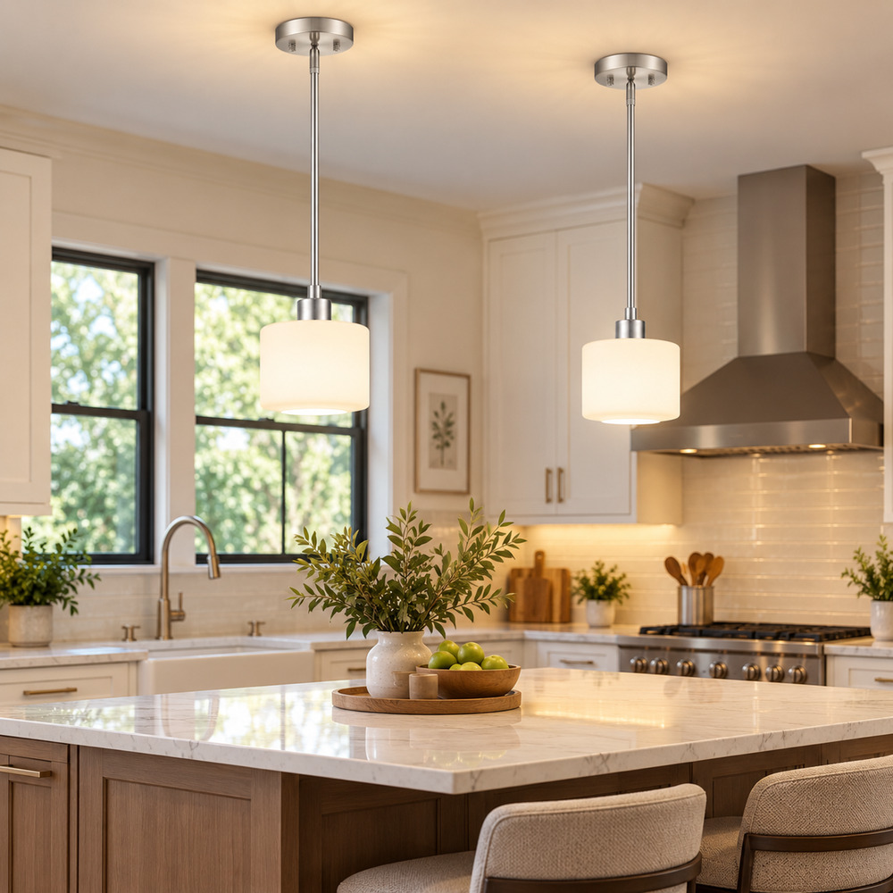 2-Pack Brushed Nickel Mini Pendant Lights – Milk Glass Shades